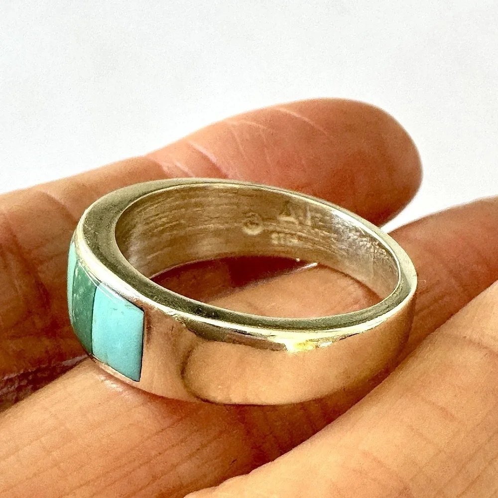 Navajo Mens Wedding Band Turquoise Inlay Sz 11.5 Ring 8mm Signed Tsosie Native